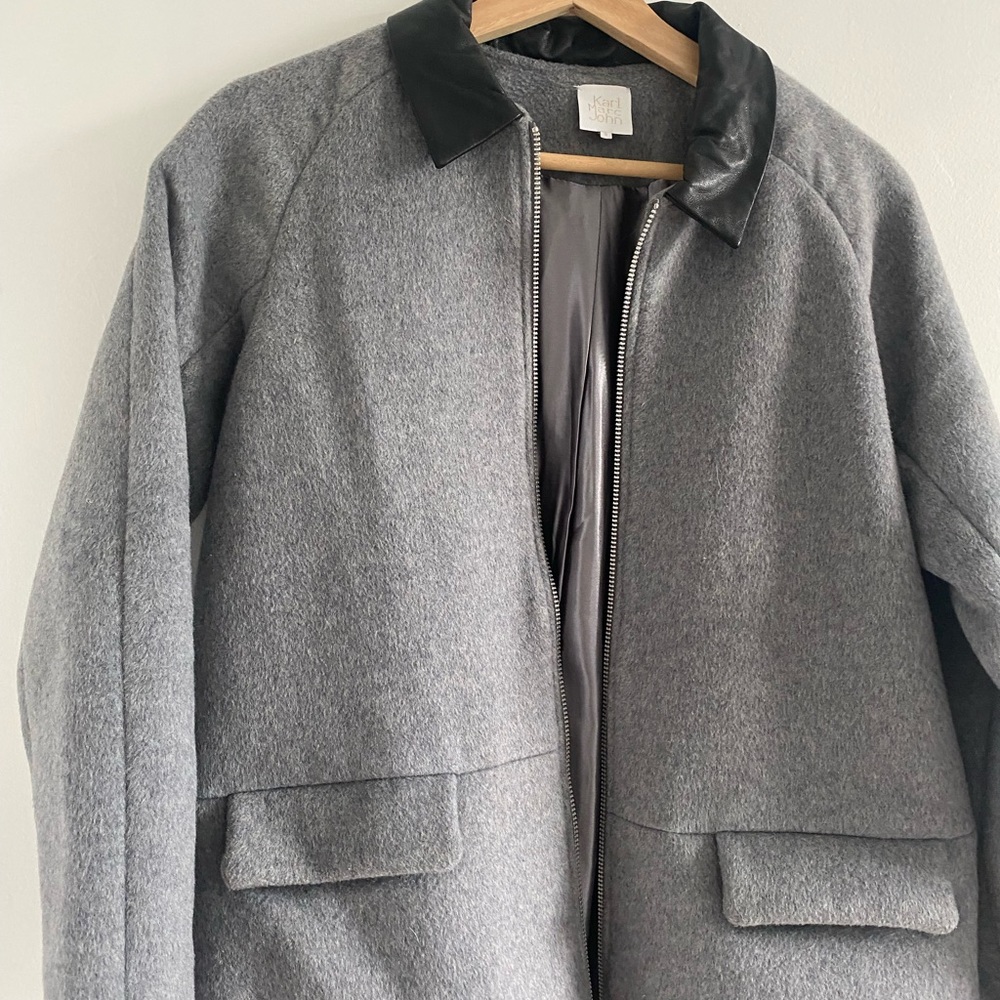 French brand wool blend leather collar coat - Picture 2 of 3